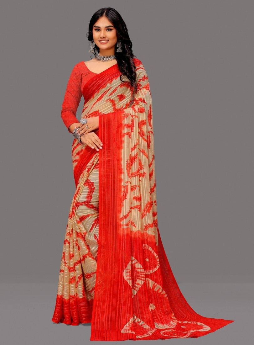 Women's Georgette Striped Printed Saree With Unstitched Blouse 5.5Mtr (Red-Beige)