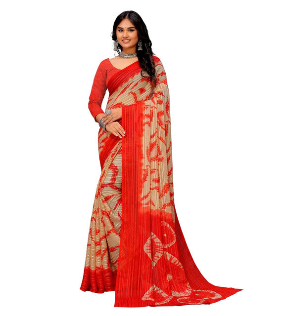 Women's Georgette Striped Printed Saree With Unstitched Blouse 5.5Mtr (Red-Beige)