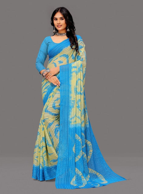 Women's Georgette Striped Printed Saree With Unstitched Blouse 5.5Mtr (Blue-Pale Yellow)