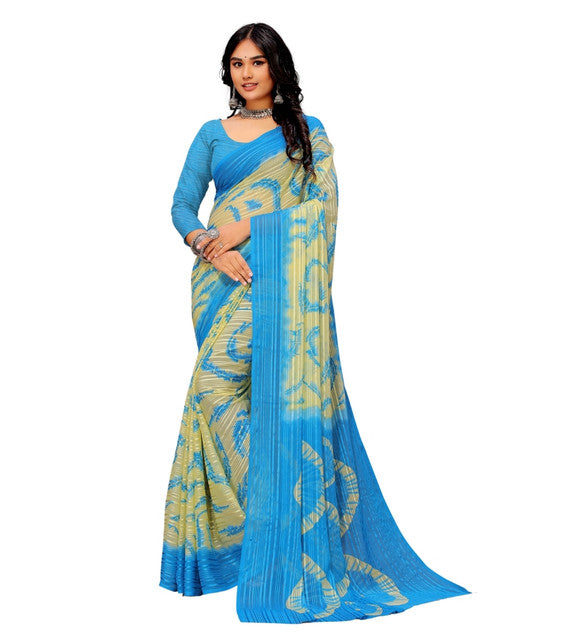 Women's Georgette Striped Printed Saree With Unstitched Blouse 5.5Mtr (Blue-Pale Yellow)