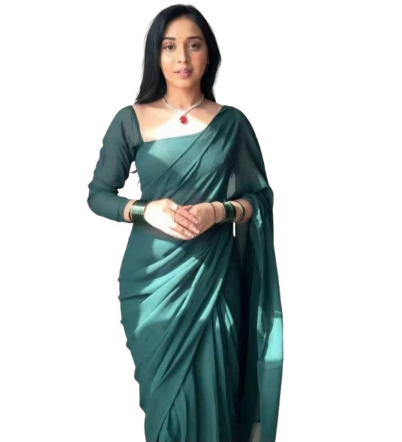 Women's Georgette Solid Saree With Unstitched Blouse 5.5Mtr (Dark Green)