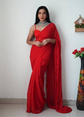 Women's Georgette Solid Saree With Unstitched Blouse 5.5Mtr (Red)