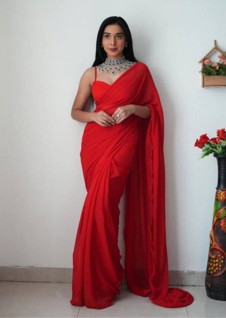 Women's Georgette Solid Saree With Unstitched Blouse 5.5Mtr (Red)