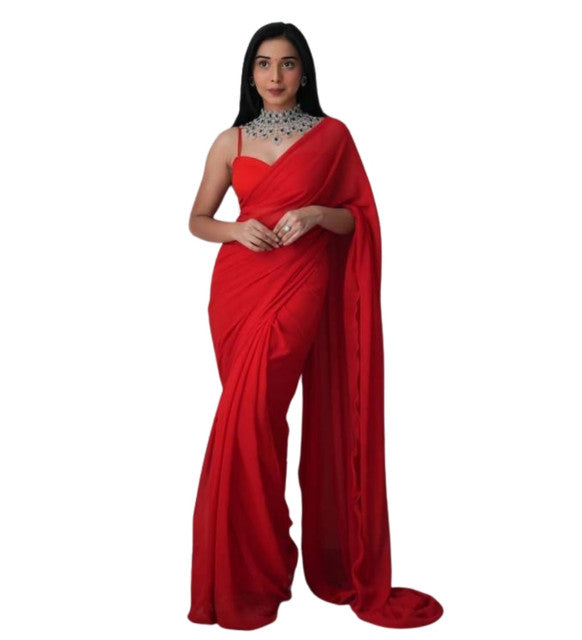 Women's Georgette Solid Saree With Unstitched Blouse 5.5Mtr (Red)