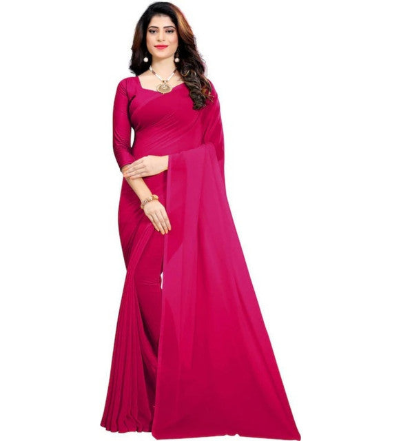 Women's Georgette Solid Saree With Unstitched Blouse 5.5Mtr (Pink)
