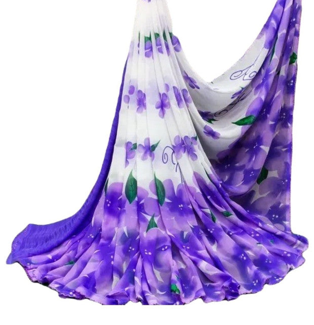 Women's Georgette Floral Printed Saree With Unstitched Blouse 5.5Mtr (White-Purple)