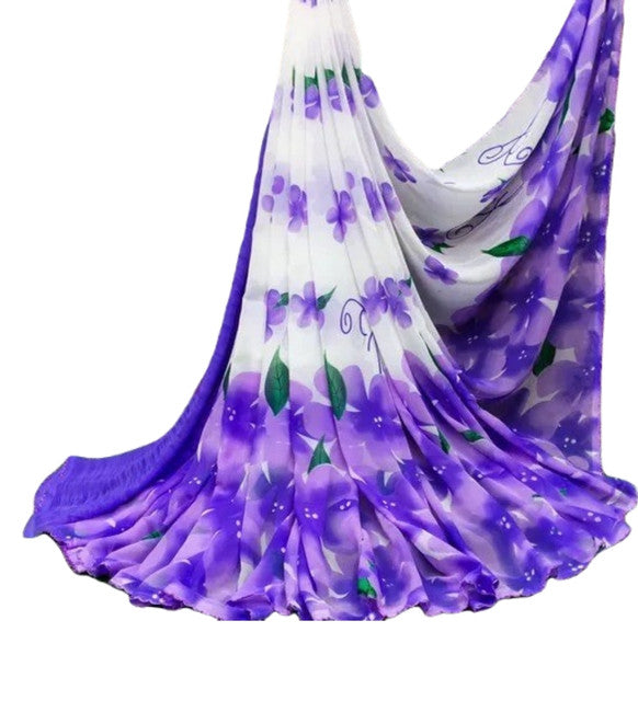 Women's Georgette Floral Printed Saree With Unstitched Blouse 5.5Mtr (White-Purple)
