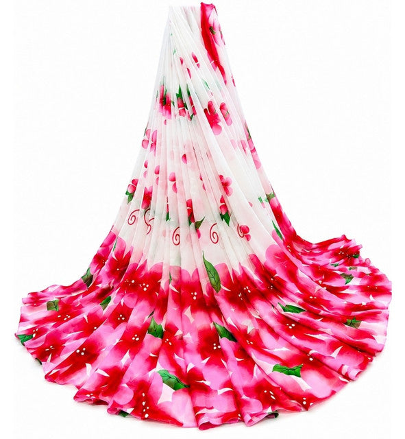 Women's Georgette Floral Printed Saree With Unstitched Blouse 5.5Mtr (White-Pink)