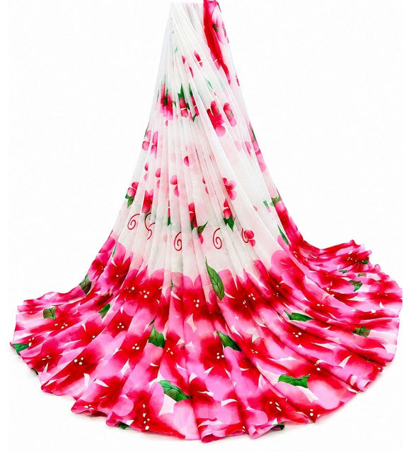 Women's Georgette Floral Printed Saree With Unstitched Blouse 5.5Mtr (White-Pink)
