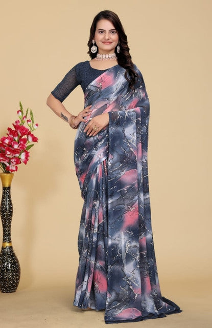 Women's Georgette Printed Saree With Unstitched Blouse 5.5Mtr (Grey-Pink)