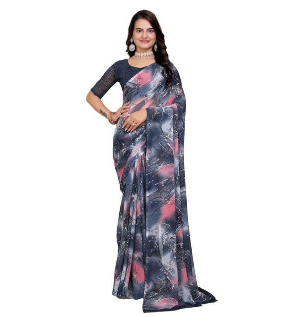 Women's Georgette Printed Saree With Unstitched Blouse 5.5Mtr (Grey-Pink)