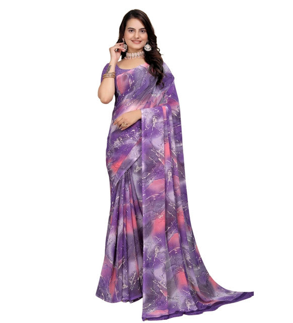 Women's Georgette Printed Saree With Unstitched Blouse 5.5Mtr (Purple-Pink)