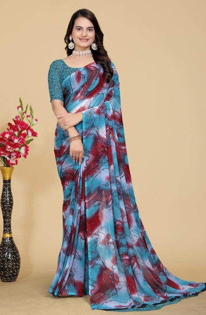 Women's Georgette Printed Saree With Unstitched Blouse 5.5Mtr (Blue-Maroon)