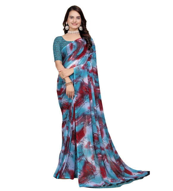 Women's Georgette Printed Saree With Unstitched Blouse 5.5Mtr (Blue-Maroon)