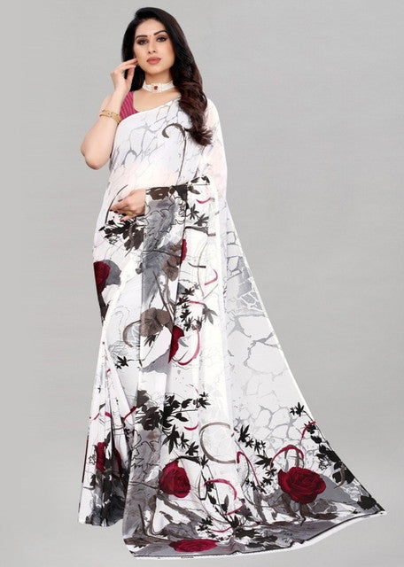 Women's Georgette Printed Saree With Unstitched Blouse 5.5Mtr (White)