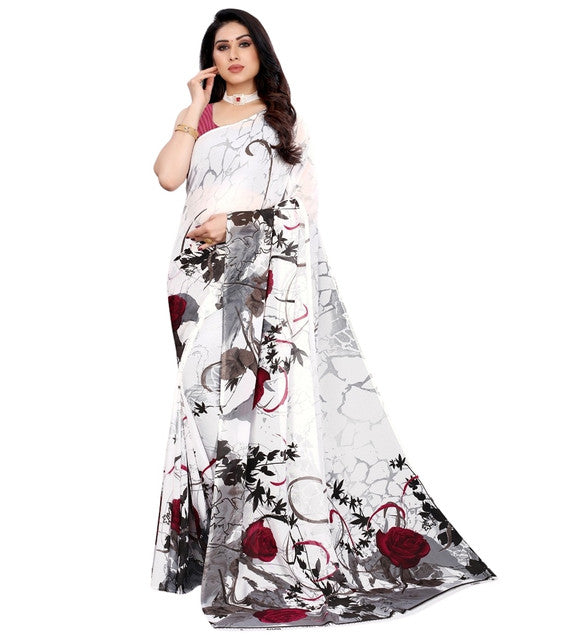 Women's Georgette Printed Saree With Unstitched Blouse 5.5Mtr (White)
