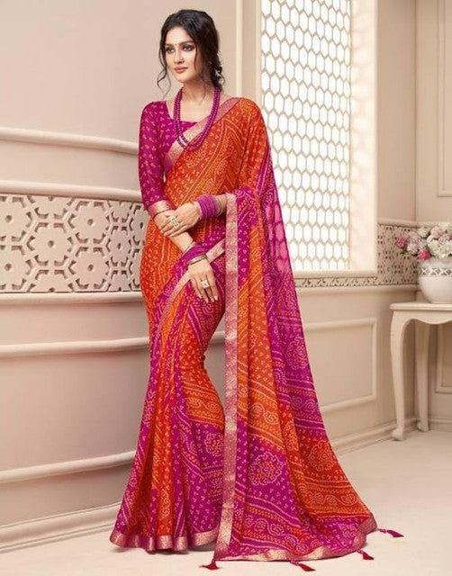 Women's Georgette Bandhani Printed Saree With Unstitched Blouse 5.5Mtr (Orange-Magenta)