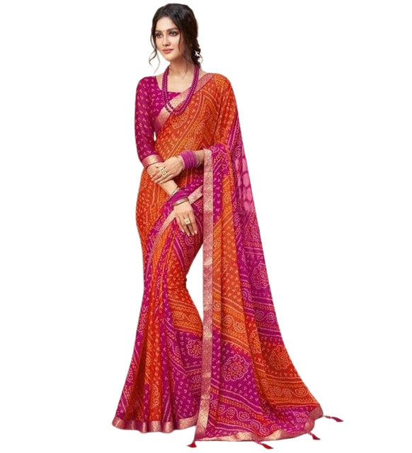 Women's Georgette Bandhani Printed Saree With Unstitched Blouse 5.5Mtr (Orange-Magenta)
