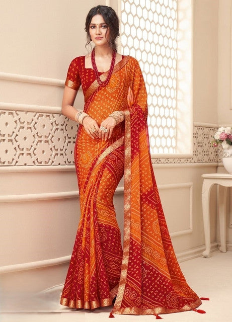 Women's Georgette Bandhani Printed Saree With Unstitched Blouse 5.5Mtr (Orange-Red)