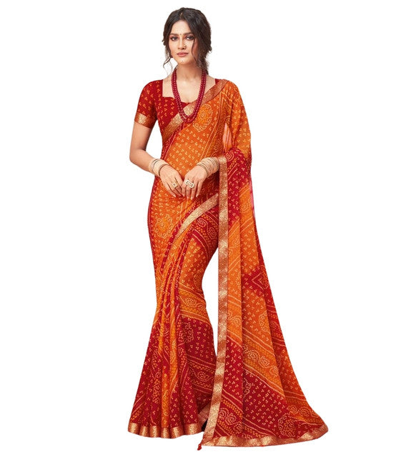 Women's Georgette Bandhani Printed Saree With Unstitched Blouse 5.5Mtr (Orange-Red)