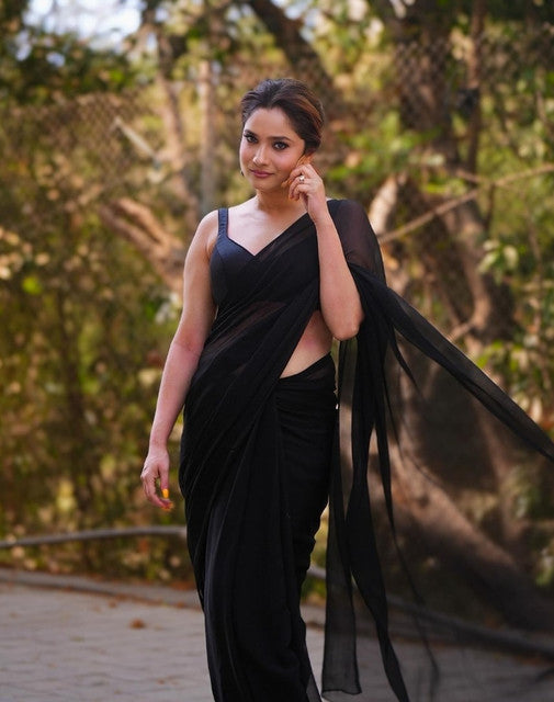 Women's Georgette Solid Saree With Unstitched Blouse 5.5Mtr (Black)