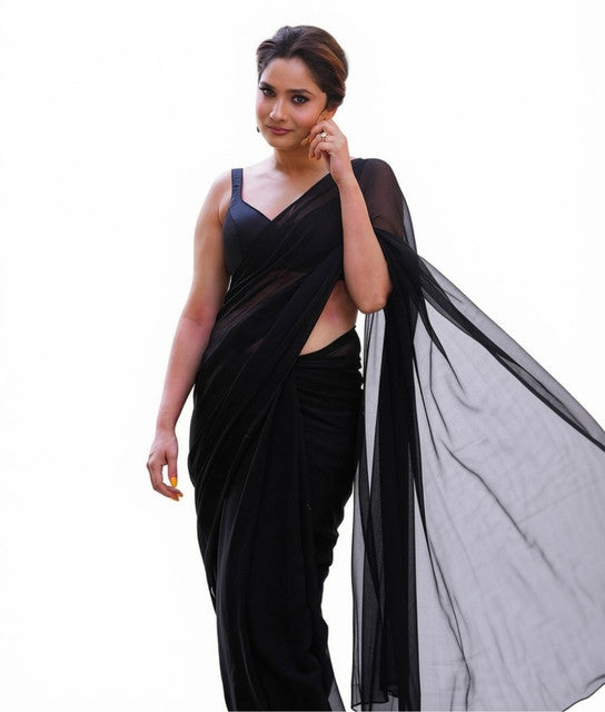 Women's Georgette Solid Saree With Unstitched Blouse 5.5Mtr (Black)