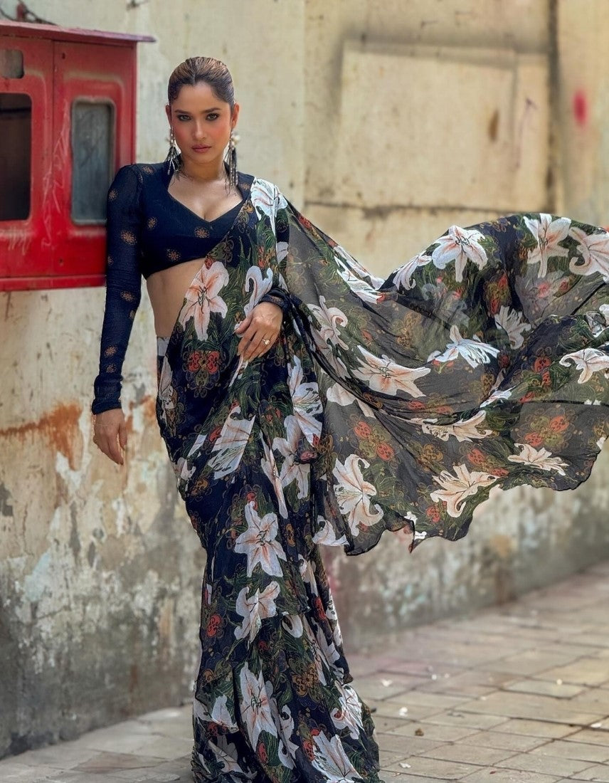 Women's Georgette Floral Printed Saree With Unstitched Blouse 5.5Mtr (Black)