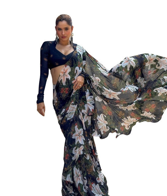 Women's Georgette Floral Printed Saree With Unstitched Blouse 5.5Mtr (Black)