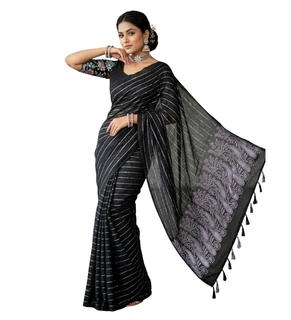 Women's Georgette Striped Saree With Unstitched Blouse 5.5Mtr (Black)