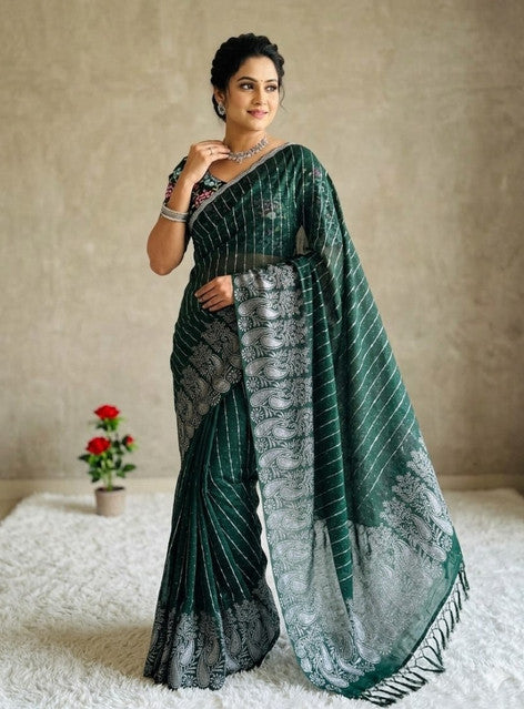 Women's Georgette Striped Saree With Unstitched Blouse 5.5Mtr (Dark Green)