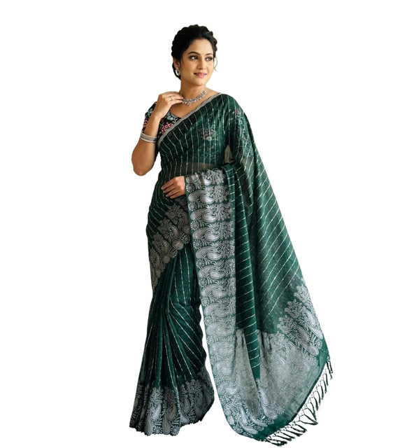 Women's Georgette Striped Saree With Unstitched Blouse 5.5Mtr (Dark Green)