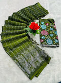 Women's Georgette Striped Saree With Unstitched Blouse 5.5Mtr (Olive Green)