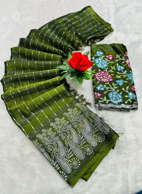 Women's Georgette Striped Saree With Unstitched Blouse 5.5Mtr (Olive Green)