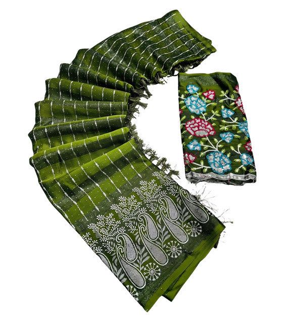 Women's Georgette Striped Saree With Unstitched Blouse 5.5Mtr (Olive Green)