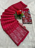 Women's Georgette Striped Saree With Unstitched Blouse 5.5Mtr (Red)