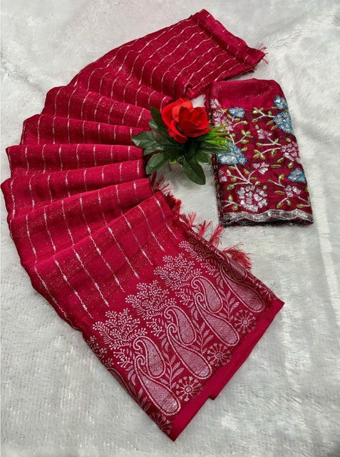 Women's Georgette Striped Saree With Unstitched Blouse 5.5Mtr (Red)
