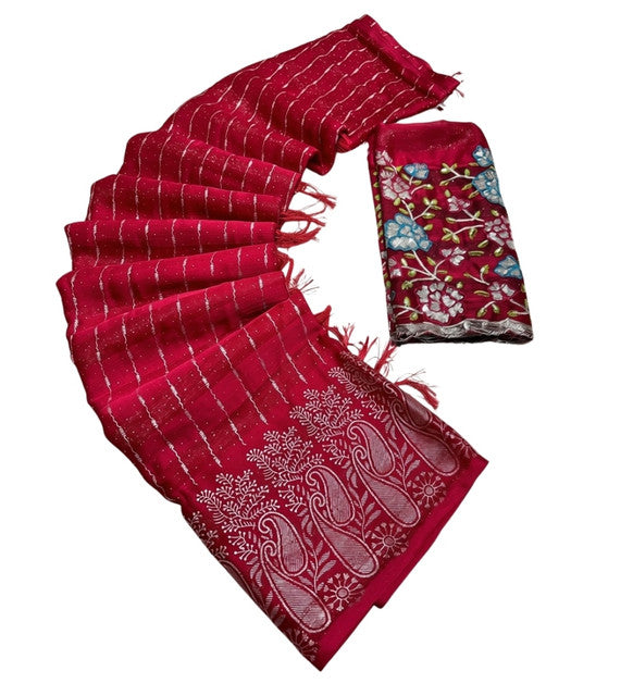 Women's Georgette Striped Saree With Unstitched Blouse 5.5Mtr (Red)