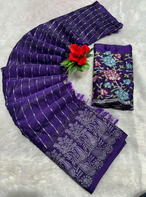 Women's Georgette Striped Saree With Unstitched Blouse 5.5Mtr (Purple)