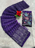 Women's Georgette Striped Saree With Unstitched Blouse 5.5Mtr (Purple)