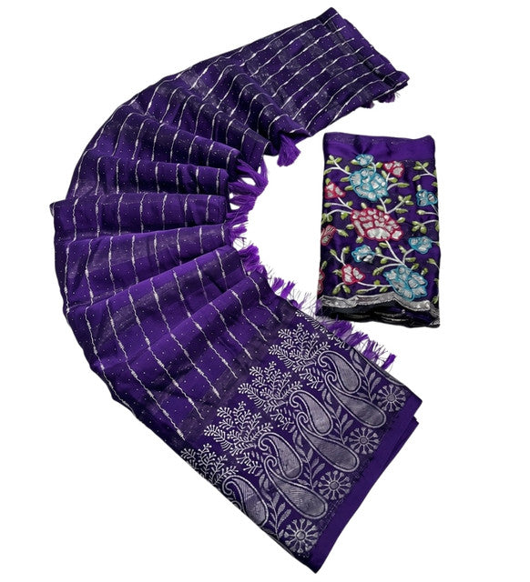 Women's Georgette Striped Saree With Unstitched Blouse 5.5Mtr (Purple)