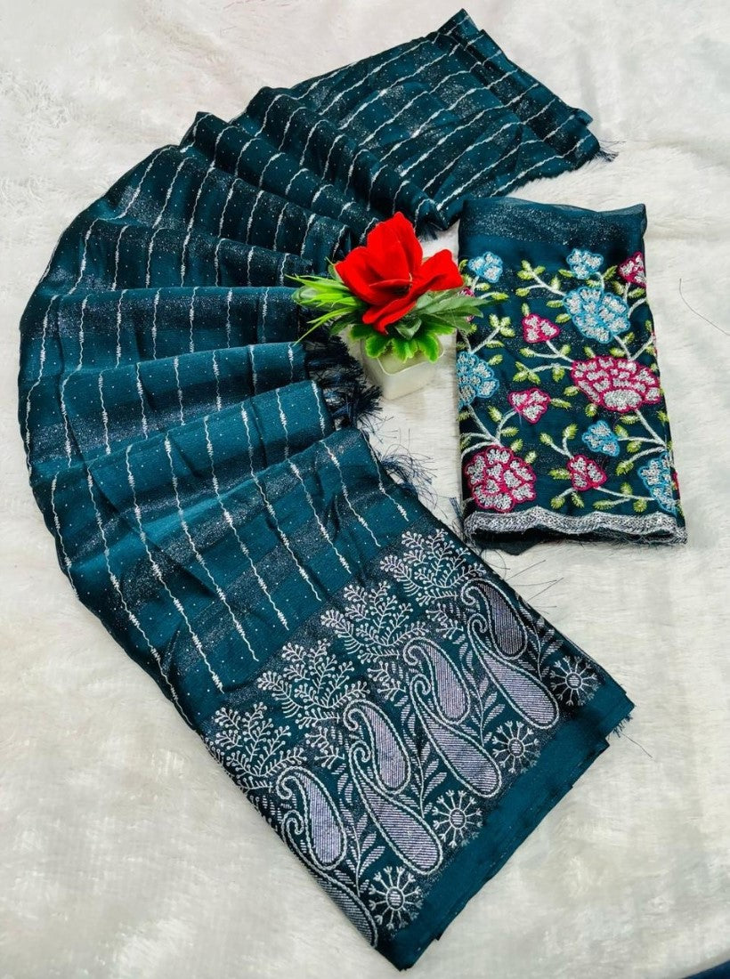Women's Georgette Striped Saree With Unstitched Blouse 5.5Mtr (Teal)