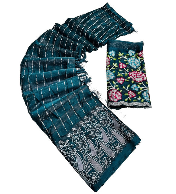 Women's Georgette Striped Saree With Unstitched Blouse 5.5Mtr (Teal)