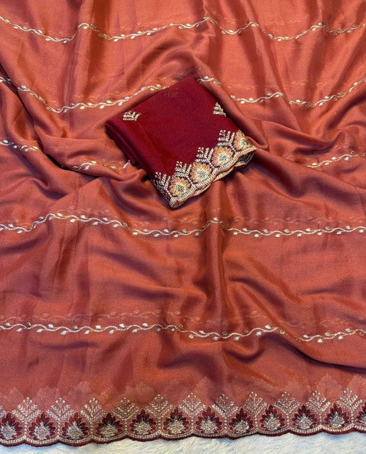 Women's Georgette Embroidered Saree With Unstitched Blouse 5.5Mtr (Rust Orange)