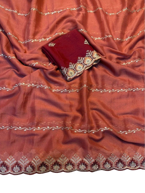 Women's Georgette Embroidered Saree With Unstitched Blouse 5.5Mtr (Rust Orange)