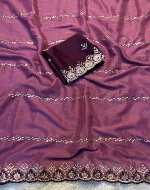 Women's Georgette Embroidered Saree With Unstitched Blouse 5.5Mtr (Pink)