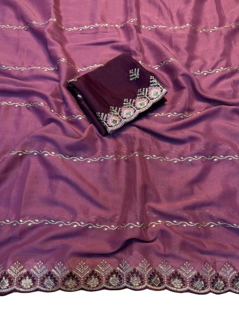 Women's Georgette Embroidered Saree With Unstitched Blouse 5.5Mtr (Pink)