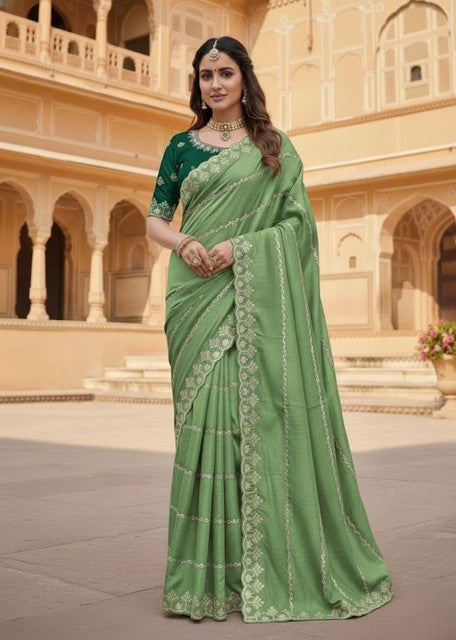 Women's Georgette Embroidered Saree With Unstitched Blouse 5.5Mtr (Pista Green)