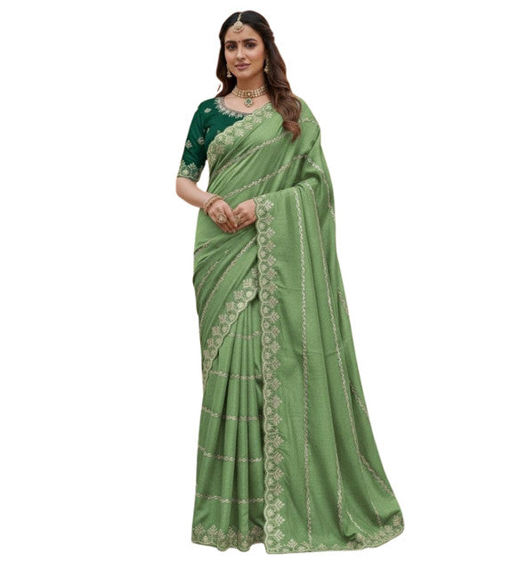 Women's Georgette Embroidered Saree With Unstitched Blouse 5.5Mtr (Pista Green)