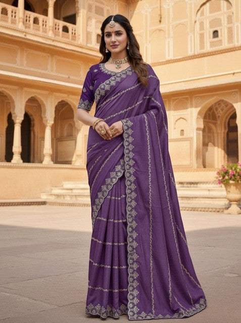 Women's Georgette Embroidered Saree With Unstitched Blouse 5.5Mtr (Purple)
