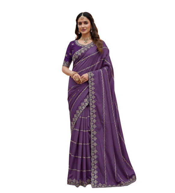 Women's Georgette Embroidered Saree With Unstitched Blouse 5.5Mtr (Purple)